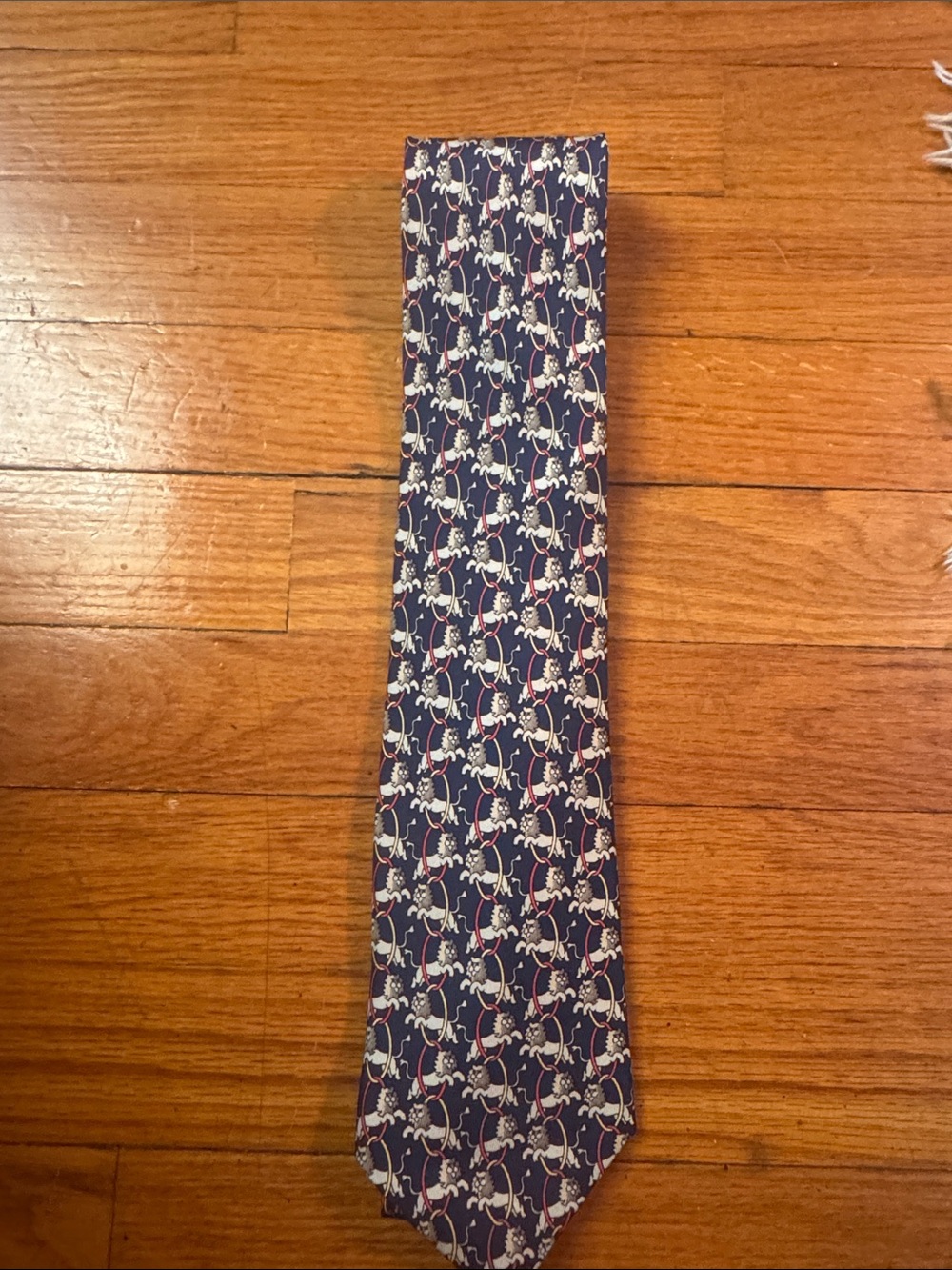Hermes Navy Silk Tie with White and Burgundy Motif
